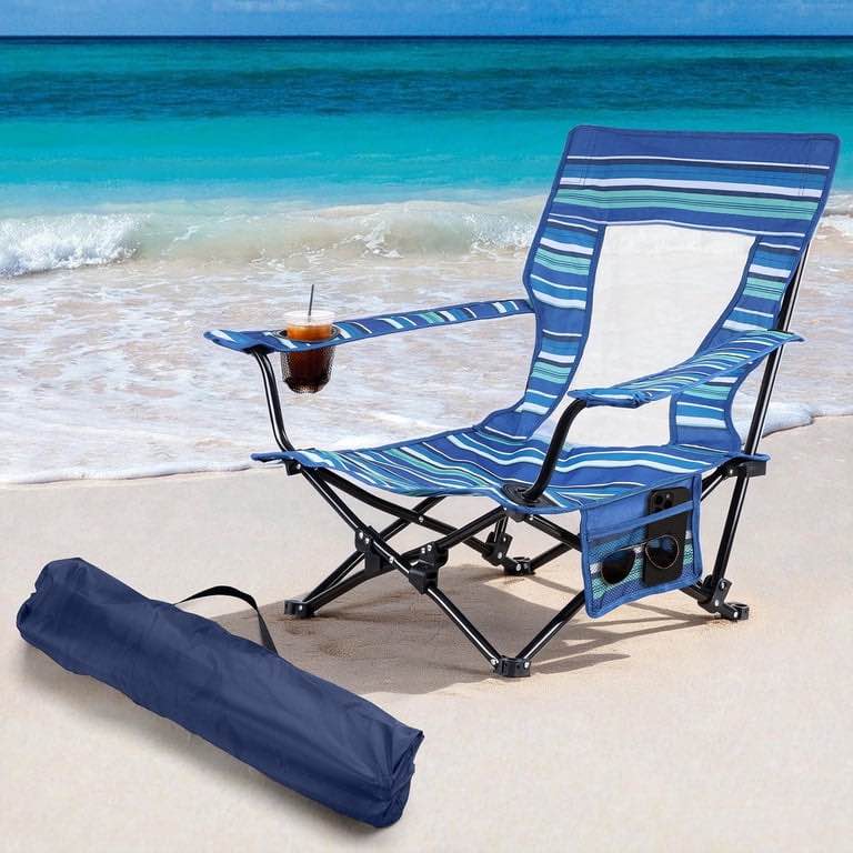 Coliware Folding Backpack Beach Chair, Coastal Stripe Compact Lightweight Camping Chair with Carry Bag Cup Holder, Outdoor Reclining Low-Profile Travel Chair for Adults, Heavy-Duty