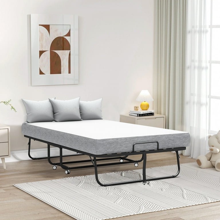 Large Folding Bed with Mattress, 75" x 46" Folded Bed, Rollaway Bed Guest Bed for Adults with Sturdy Frame