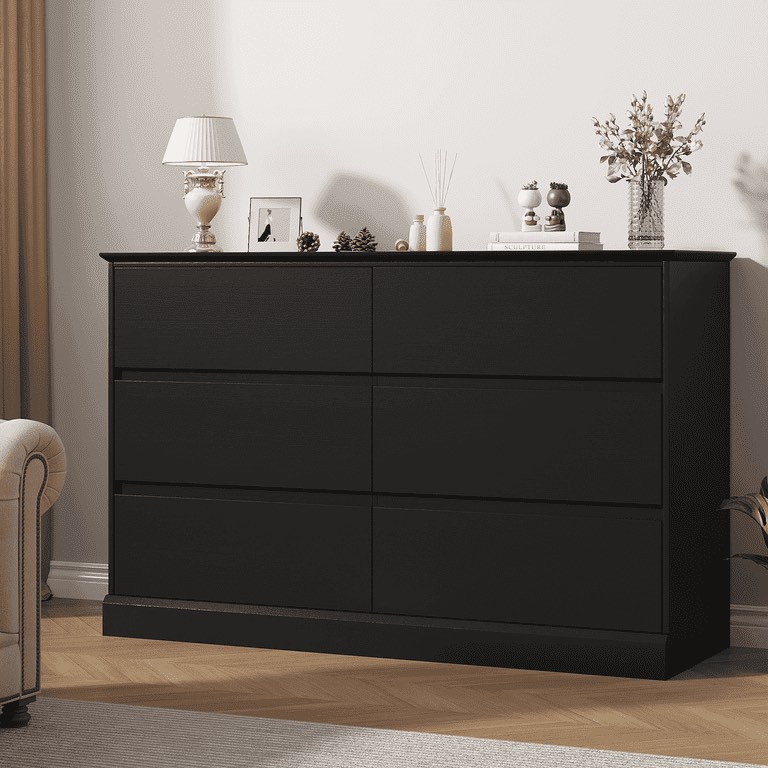 6 Drawer Dresser for Bedroom, White Dresser Double Chest of Drawers, Modern Wood Dressers with Deep Drawers for Living Room,Black