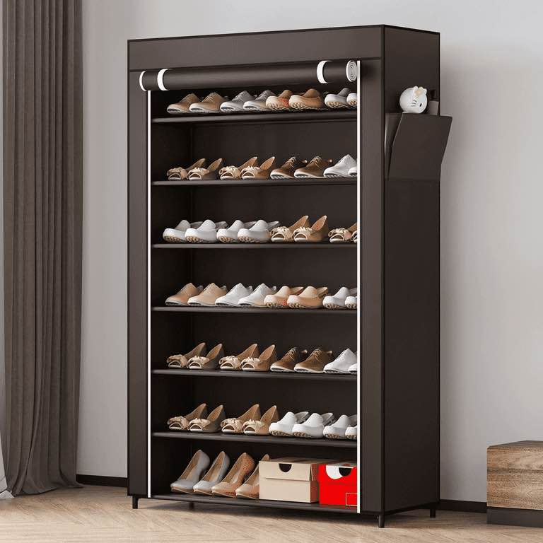 SEAMIKA 7-Tier Shoe Rack Storage Organizer 28 Pairs Portable Non-Woven Fabric Cover for Closet & Garage Collapsible Design Adjustable Removable Tray Easy Assembly Acrylic Shelf Hand
