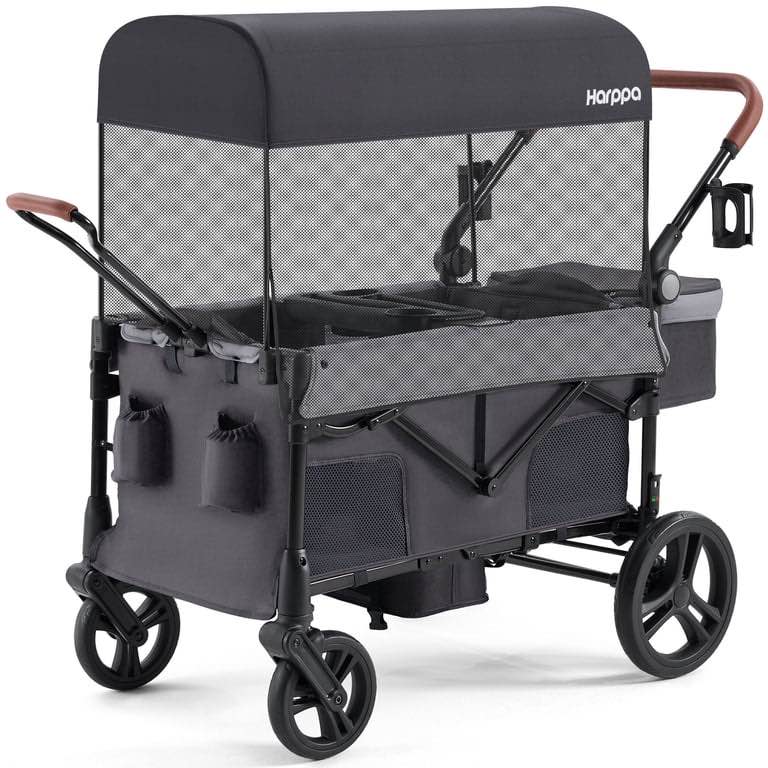 HARPPA Foldable Wagon Stroller for 2 Toddlers with Pull & Push Handle, Canopy, 32.9lbs, Gray