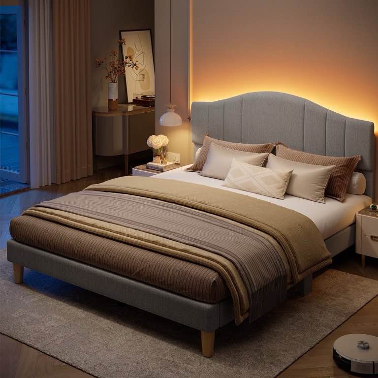 Pinmoco Full Upholstered Bed Frame with Adjustable Arc-shaped Headboard, LED Platform Bed, Fabric Gray
