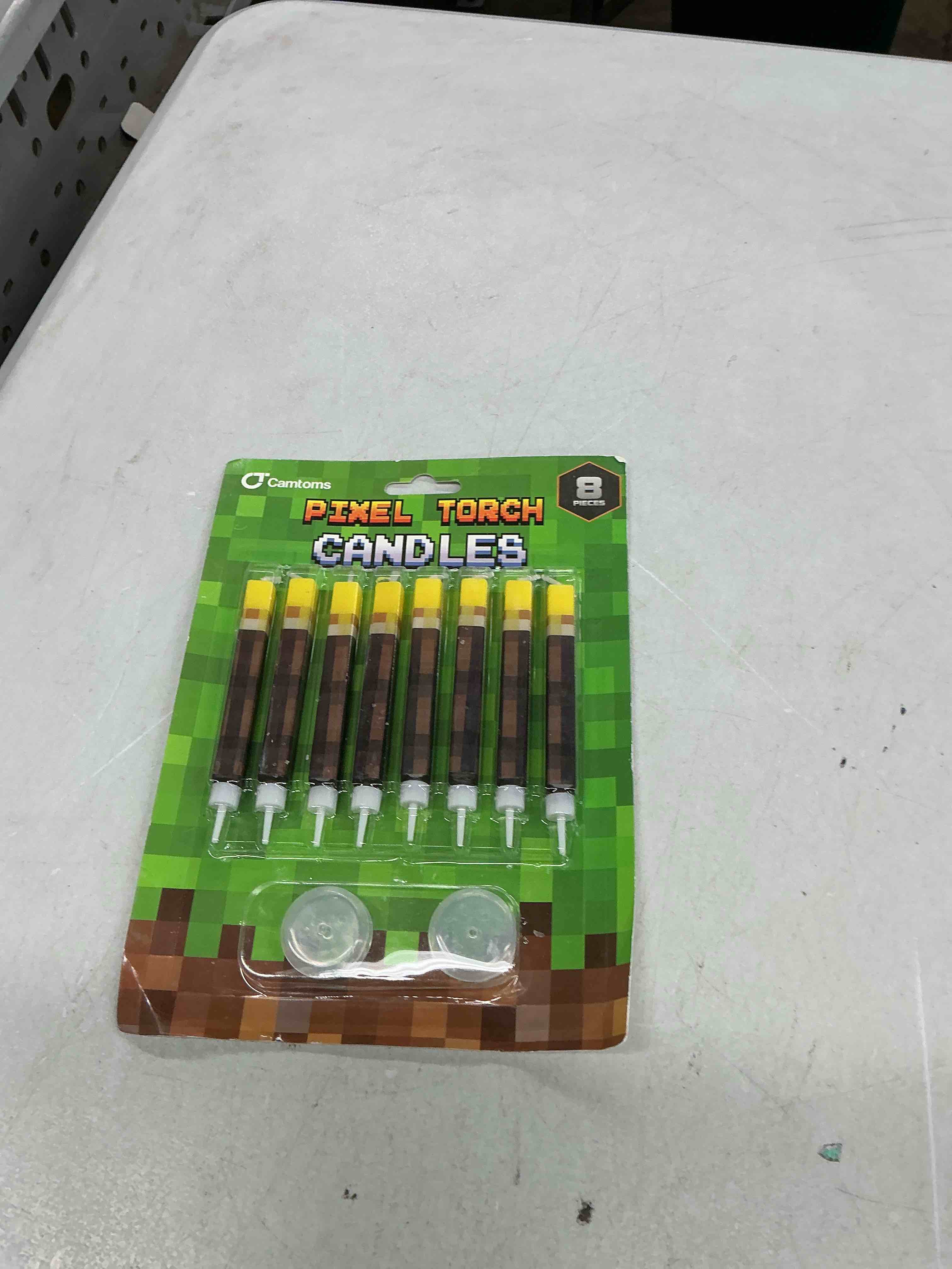 Condition photo showing New/Like New for pixel torch birthday candles (8 pack) - large 3-inch wax cake toppers for video game party decorations - novelty gaming themed candle set for boys level up celebration