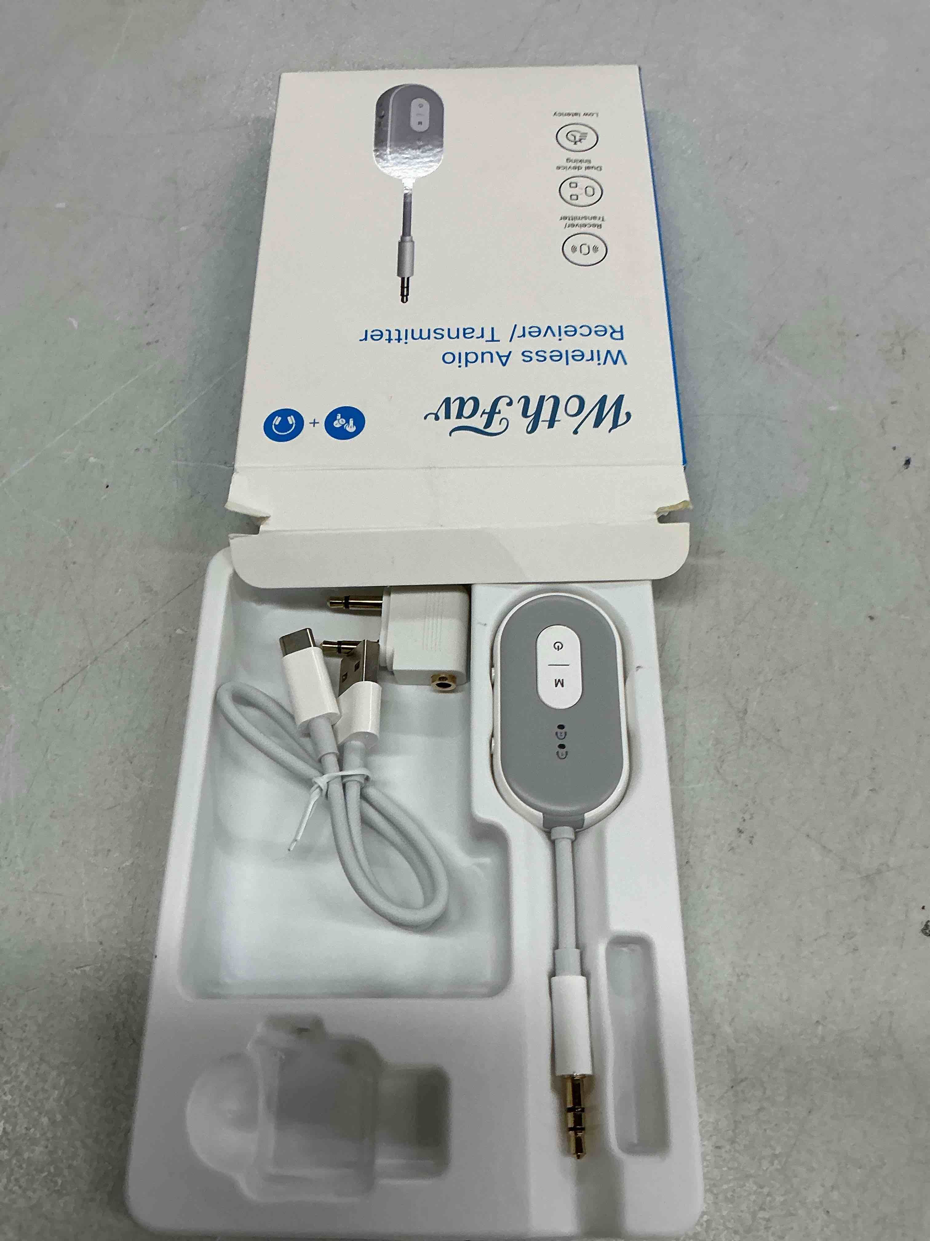Condition photo showing New/Like New for bluetooth 5.3 wireless audio transmitter & receiver, 3.5mm aux adapter, supports 2 airpods or headphones, 25+ hr battery life, airplane bluetooth adapter for travel, flight, tv, car & gym