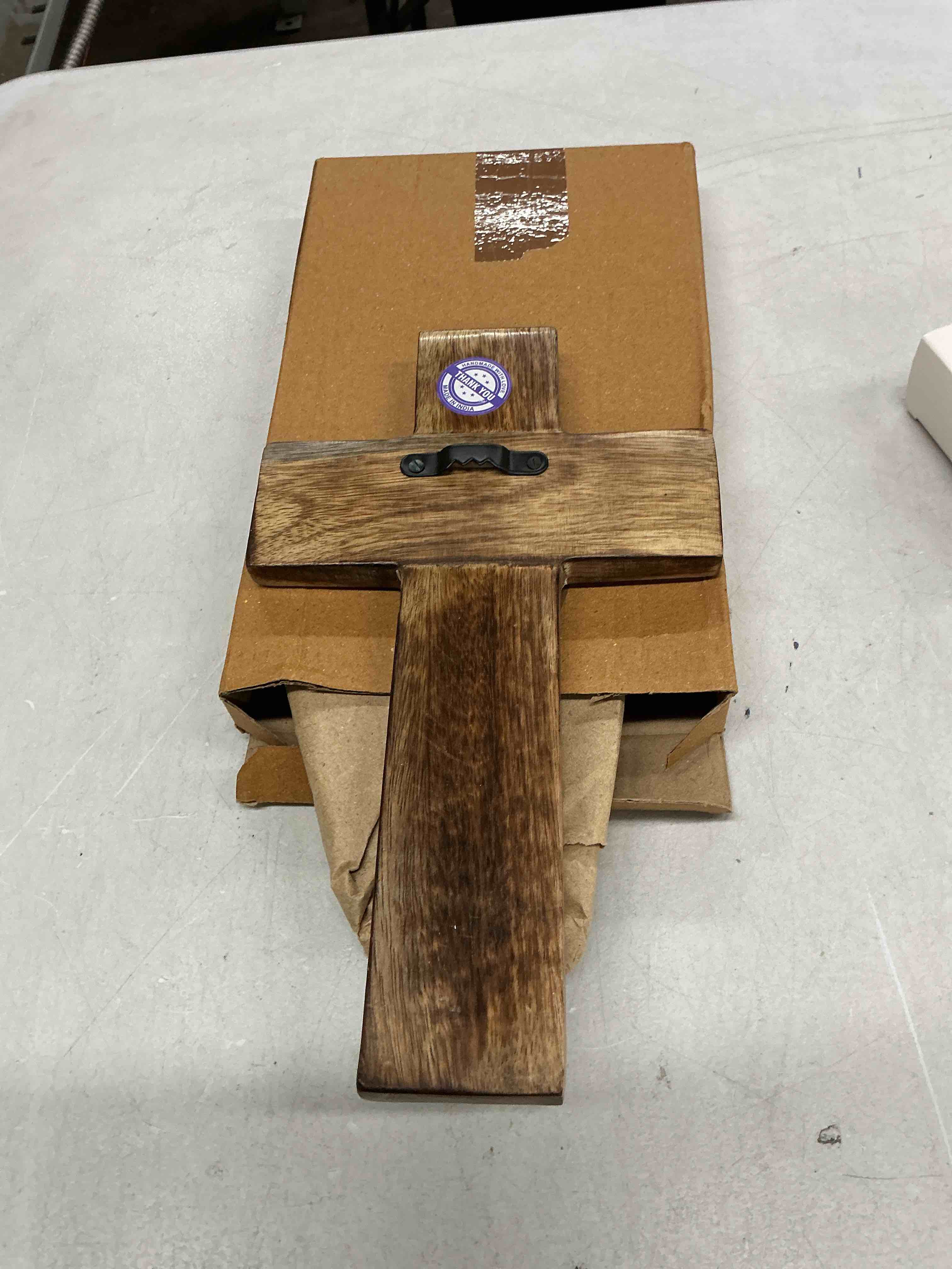 Condition photo showing Good Condition for nirman mango wood religious catholic cross wall hanging floral carvings living room home décor for entryway office living room (10" x 6" x 0.75")