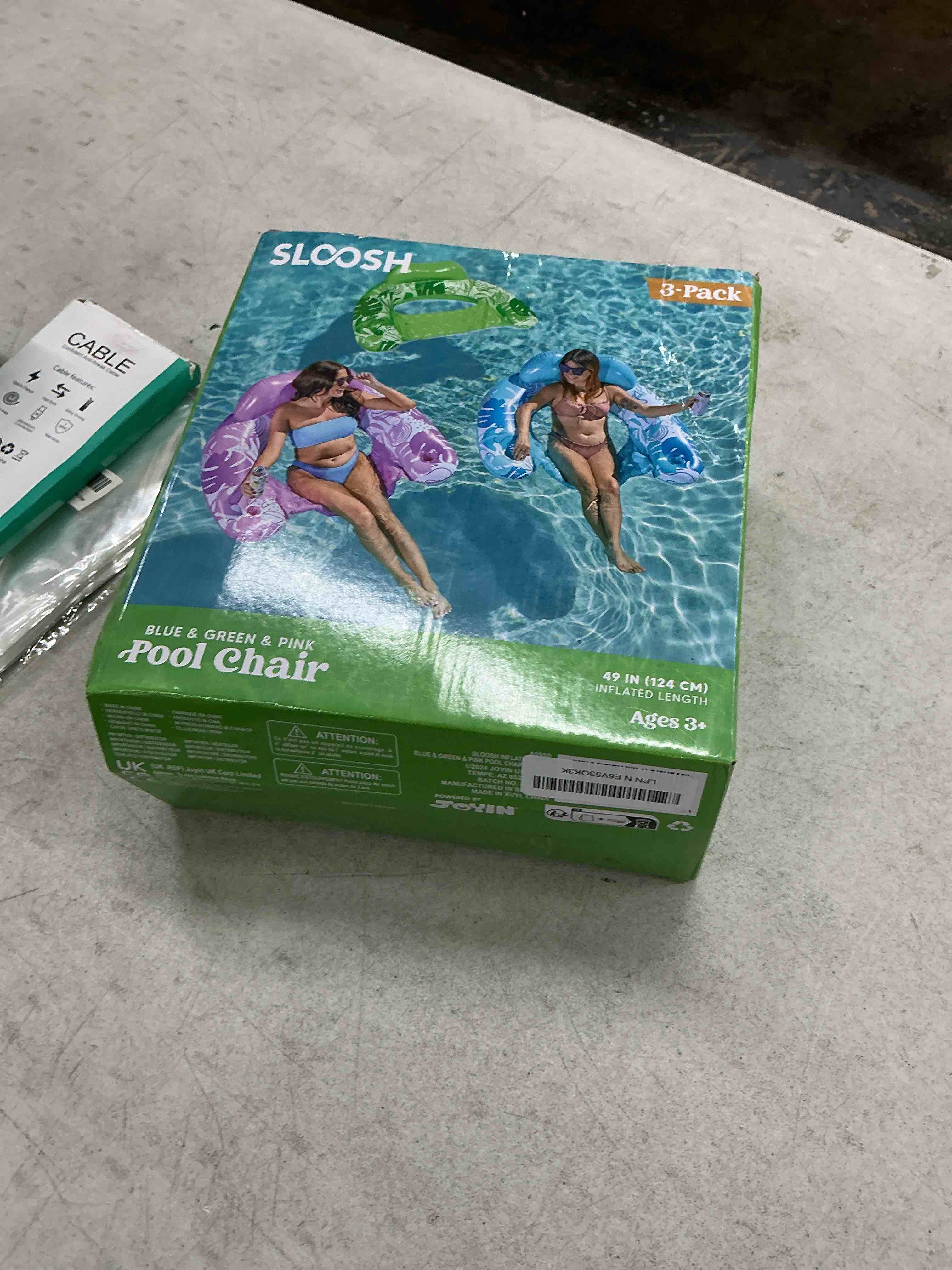 Condition photo showing Good Condition for sloosh inflatable pool floats adult, 3 pack pool chairs with cup holders,blow up floats chair,hammock noodle mat leaves design for relaxing summer water fun swimming party beach,blue, green, pink