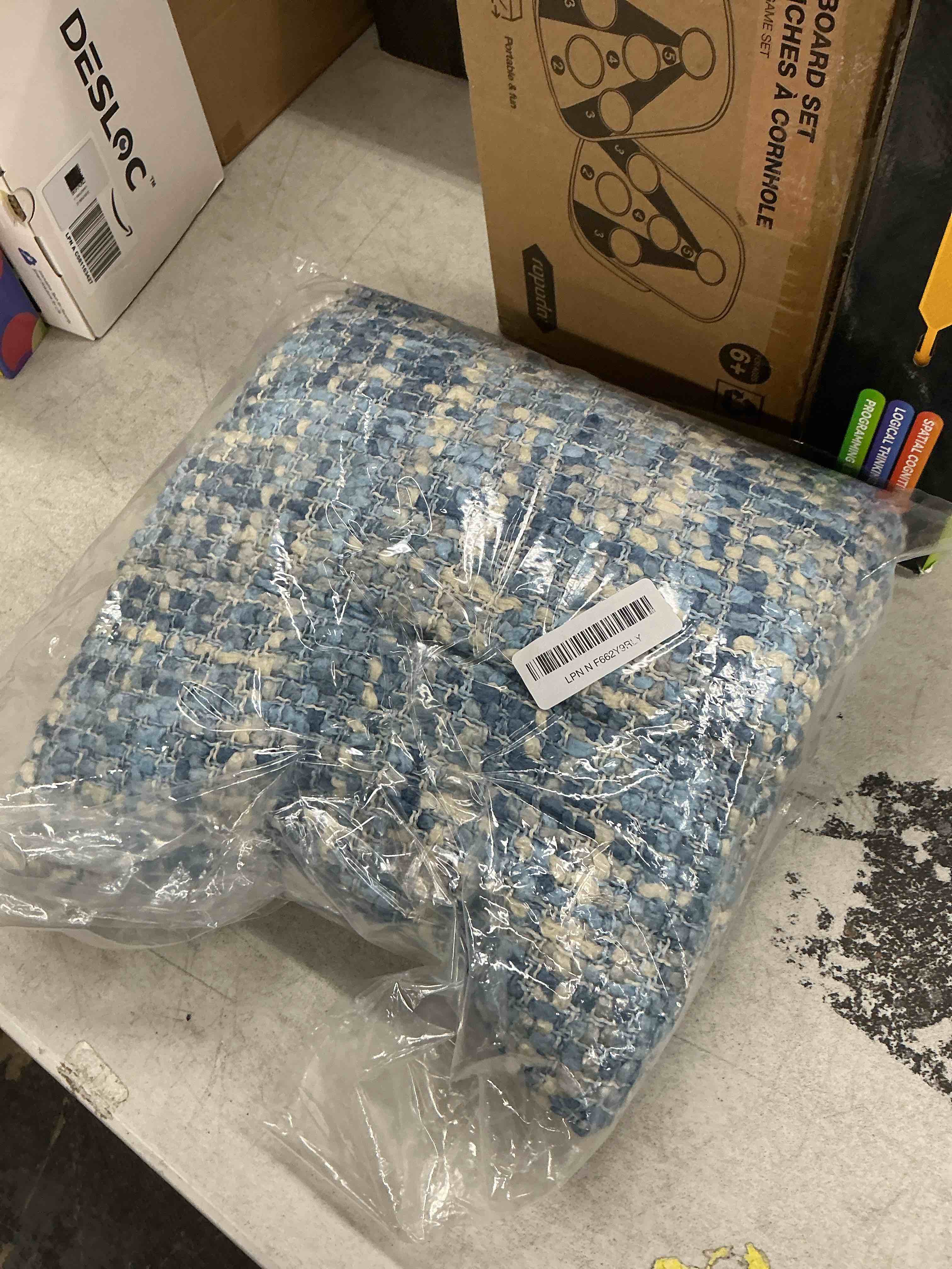 Condition photo showing Good Condition for multi-color cable woven throw blanket for couch - 50"x60" | multicolored boho style,super soft warm cozy chunky blankets with decorative tassels for bed and sofa,light blue multi-color light blue 50"x60"