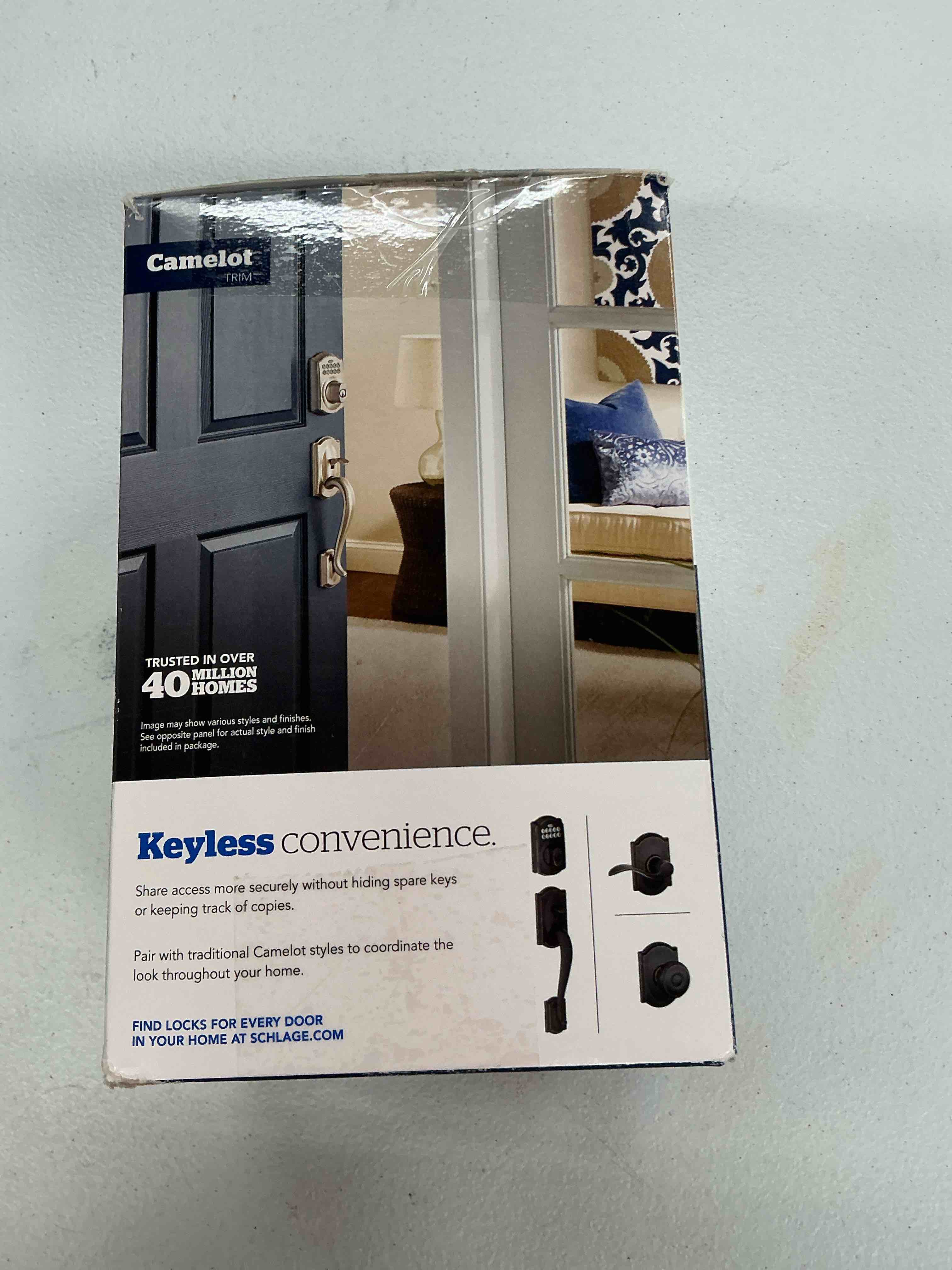 Condition photo showing Good Condition for schlage camelot electronic keypad deadbolt lock, keyless front door entry, mechanical key backup included, aged bronze, be365 v cam 716 aged bronze camelot