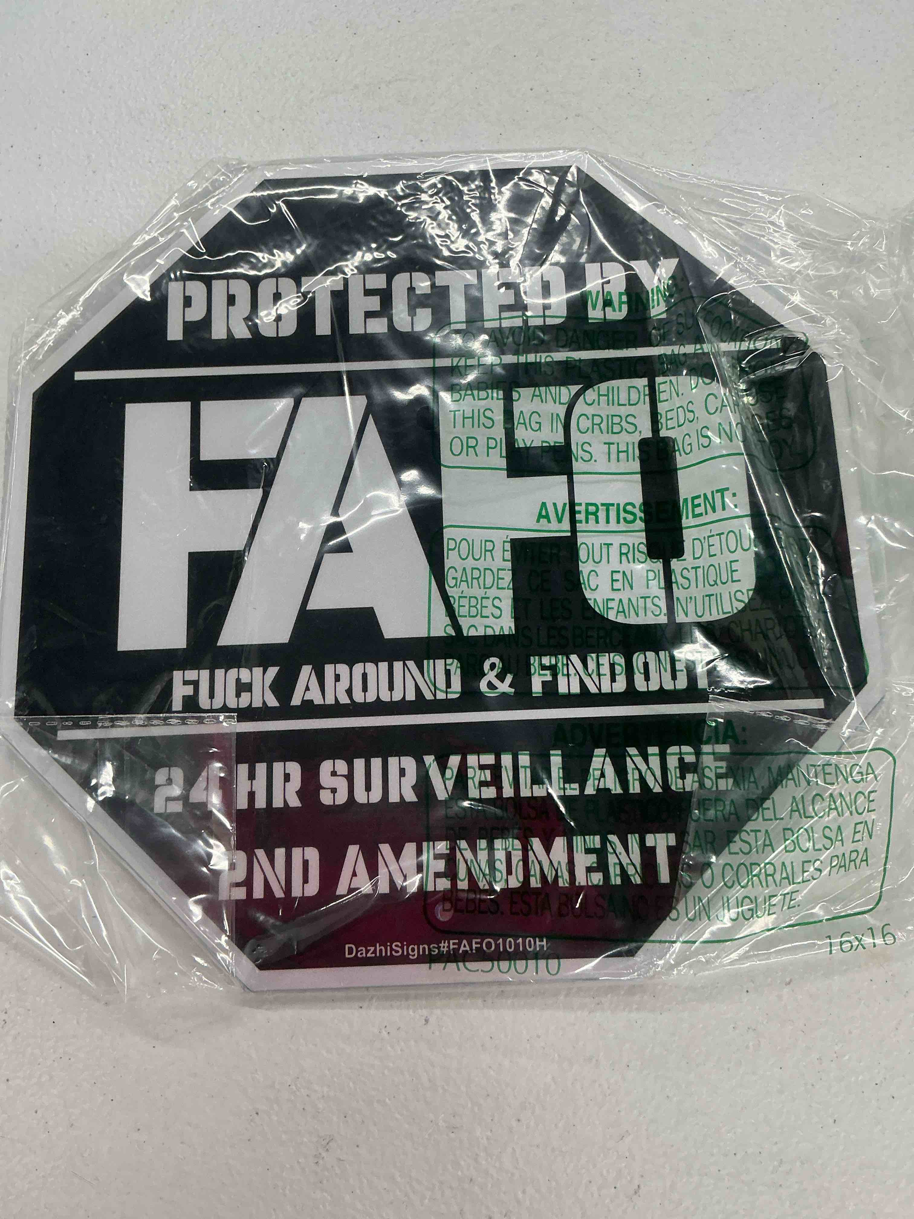 Condition photo showing New/Like New for fafo security sign, fuck around and find out sign, 2pack fafo home security yard signs, protected by fafo security signs, 10"x10" reflective aluminum, fade resistant, uv protected, easy to install black
