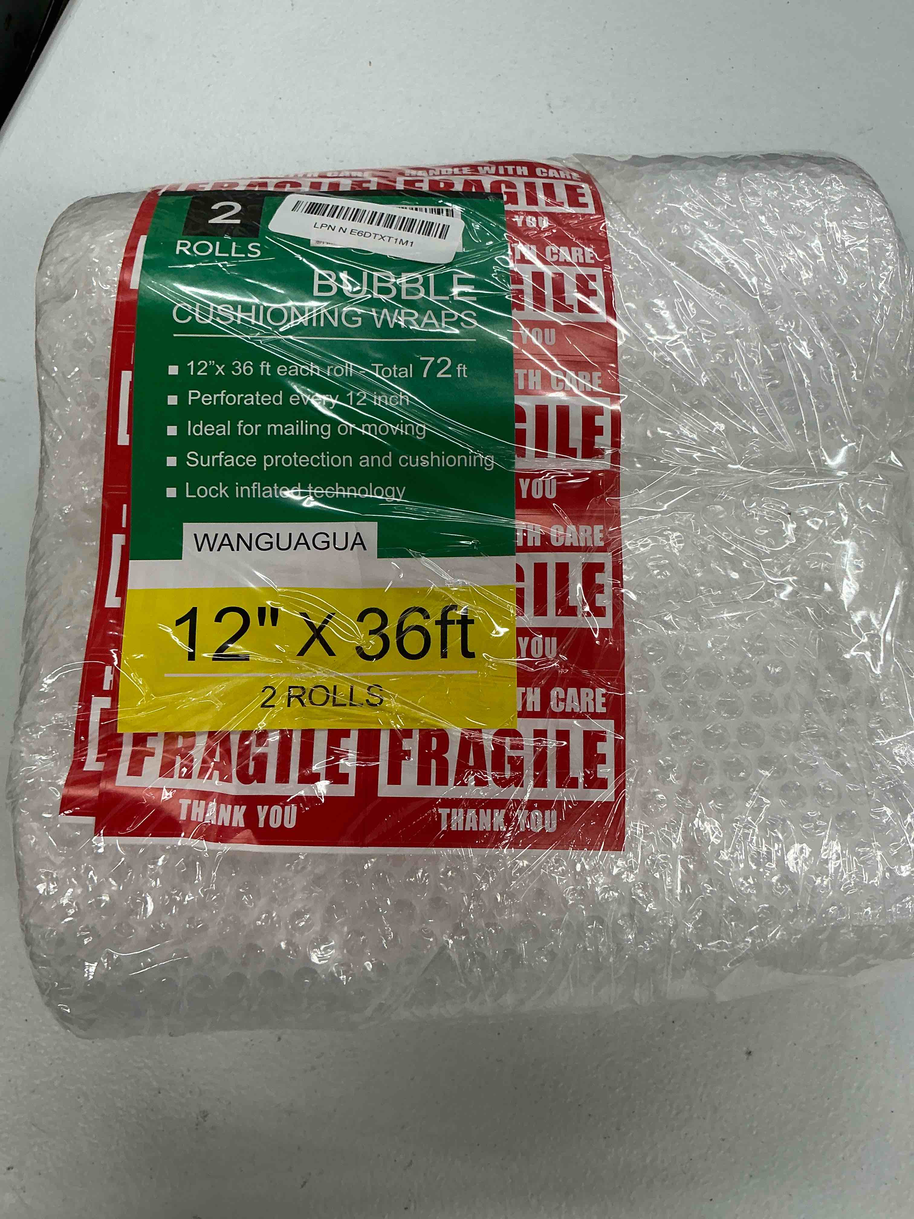 Condition photo showing New/Like New for wanguagua 2 pack 12 inch x 72 ft total bubble packing wrap for moving boxes shipping cushioning supplies perforated every 12” 12in. x 36ft. / 2 rolls clear
