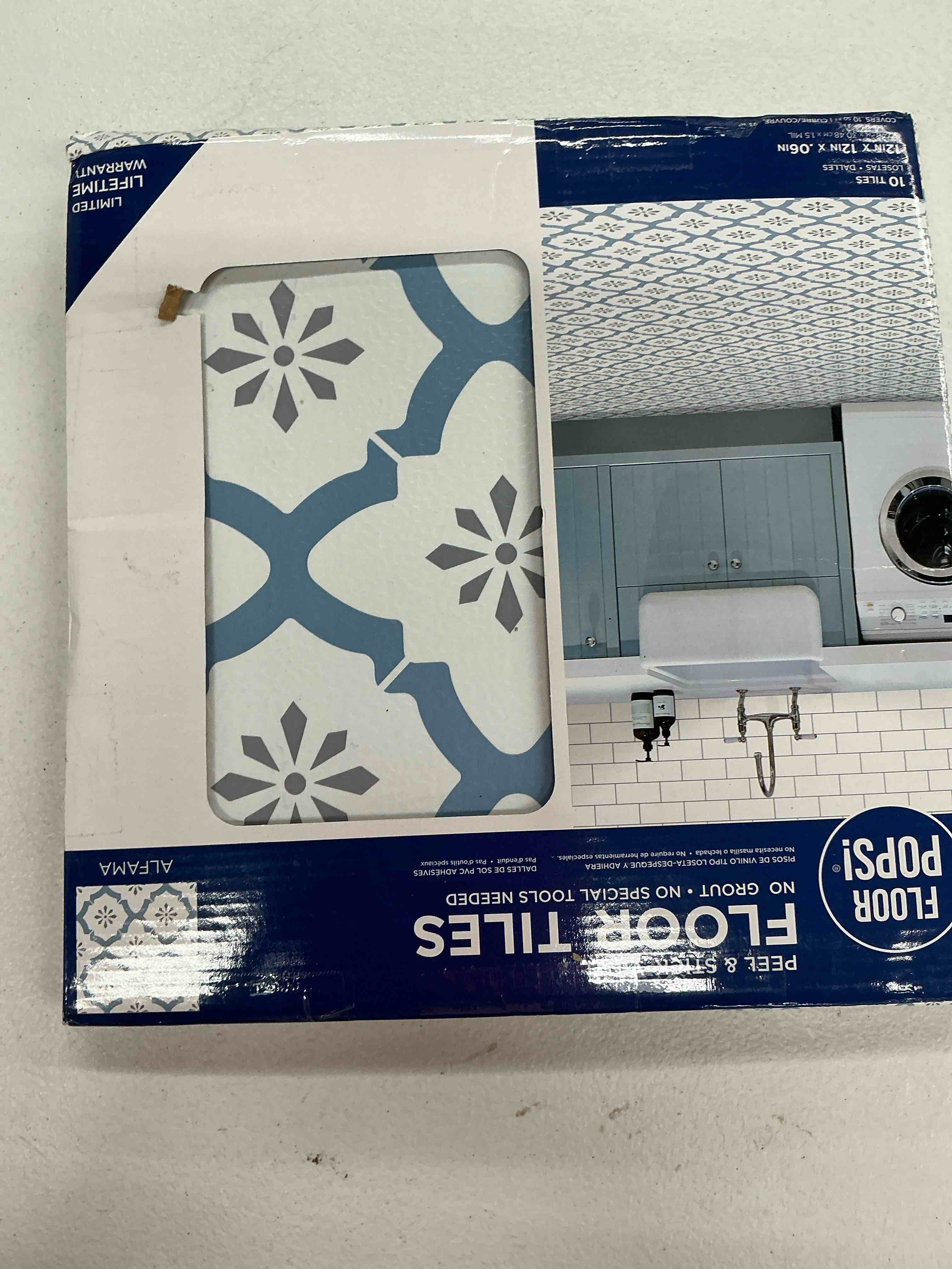 Condition photo showing New/Like New for floorpops alfama peel and stick floor tiles, blue, geometric vinyl floor tiles, water resistant, 12 in x 12 in, pack of 10 blue 12"l x 12"w x 0.06"t