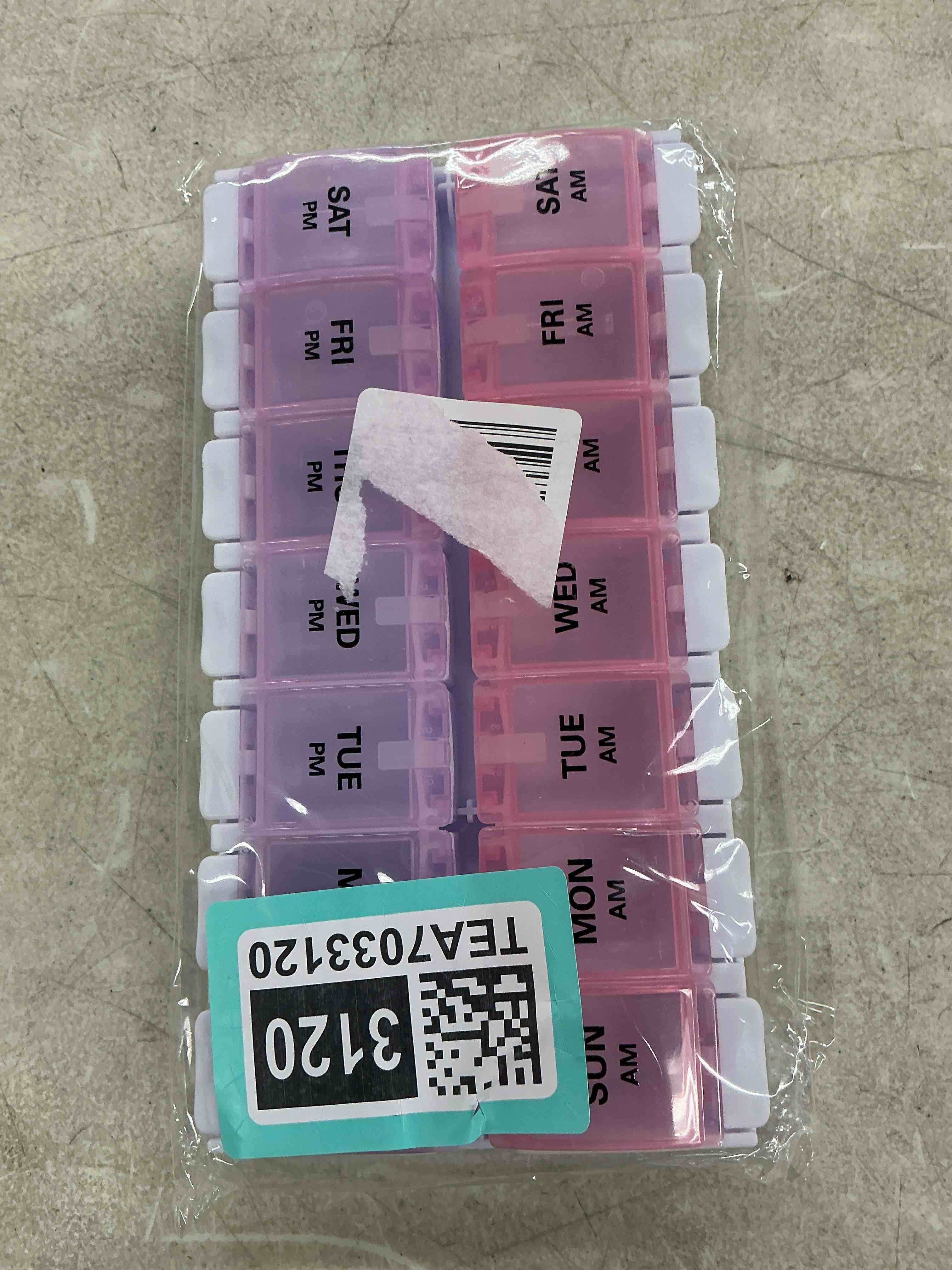 Condition photo showing Good Condition for sukuos am pm weekly pill organizer 7 day, 2 times a day medicine pill box with easy push button, bpa free vitamin cases for fish oil/supplements, easy to clean (purple&pink) purple & pink