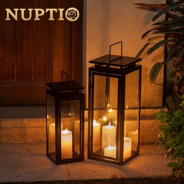 Nuptio Large Black Lanterns Decorative Indoor Outdoor?Decorative Hurricane Lantern for Porch Patio Garden and Wedding