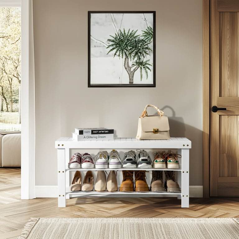 Zimtown 3 Tier Solid Bamboo Shoe Rack Bench, 11.02'' x 35.43'' x 17.72'' Storage Seat Organizer for Entryway Hallway, White
