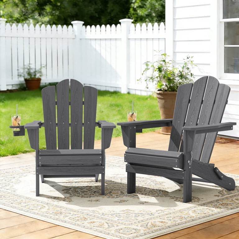 KINGYES Folding Adirondack Chairs Set of 2 W/ Cup Holder, HDPE All-Weather Outdoor Adirondack Chair, Fir Pit Chairs for Patio Garden Backyard Deck, Grey