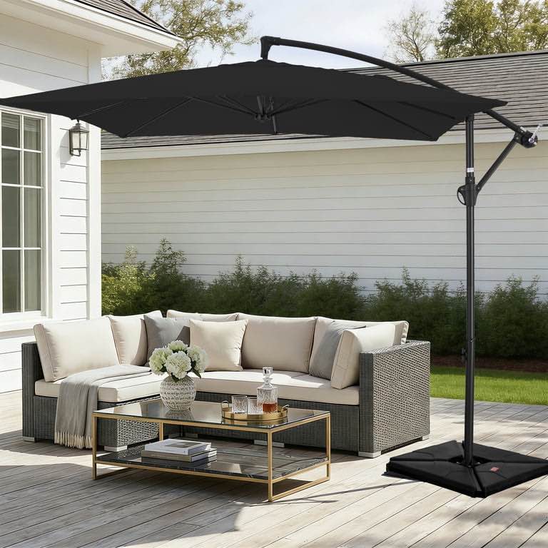 FUNDAZE 8x8ft Hanging Cantilever Patio Umbrella with Base, Square Outdoor Sun Shade with Crank & Tilt for Garden, Backyard, Deck,Black