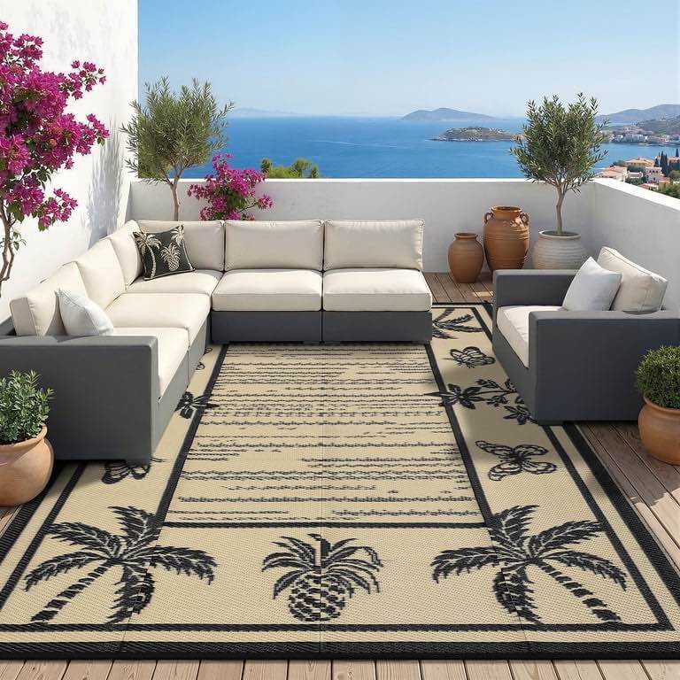 9x12 Ft Outdoor Rug Waterproof, Portable Reversible Plastic Straw Patio Rug, Tropical Leaf Quick Dry Camping Carpet for Picnic Beach, Black/Brown