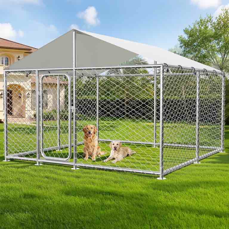 YOKWOK 7.5x7.5ft Outdoor Dog Kennel with Roof Cover & Galvanized Steel Fence, Outside Heavy Duty Metal Dog Pet Enclosure for Large Dogs