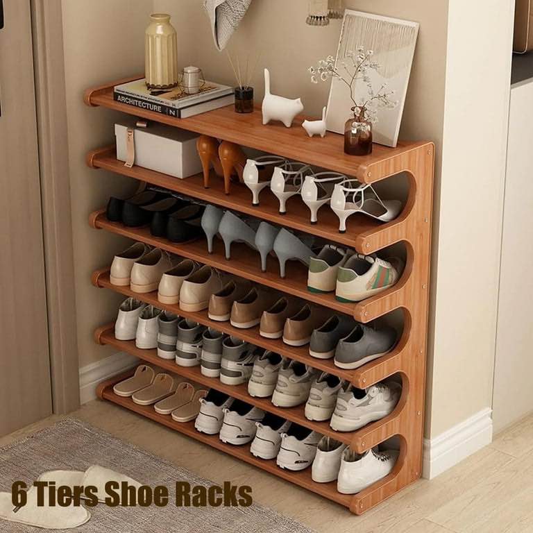 6 Tiers Shoe Racks, Bamboo Vertical Shoe Rack Organizer for Closet Floor, Wooden Stackable Shoe Storage Shelves, for Entryway, Hallway, Multifunctional Front Door Shoe Rack, 70cm/27.5'