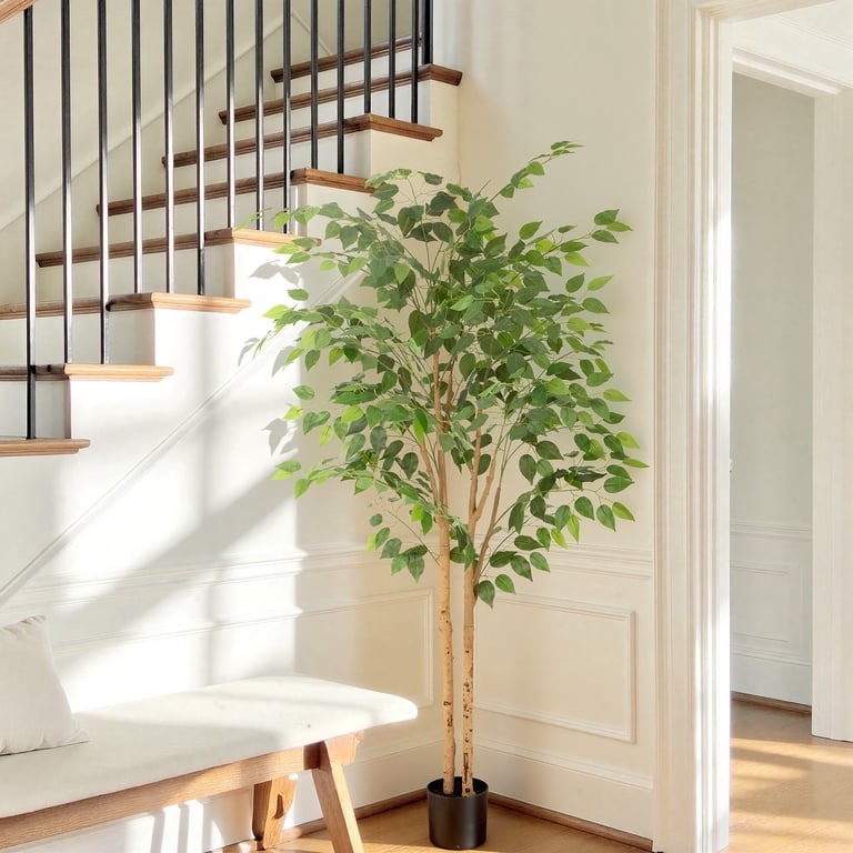 ROMSWI 5FT Artificial Ficus Tree with White Planter Realistic Ficus Plants with Natural Wood Trunk for Living Room Home Office Porch