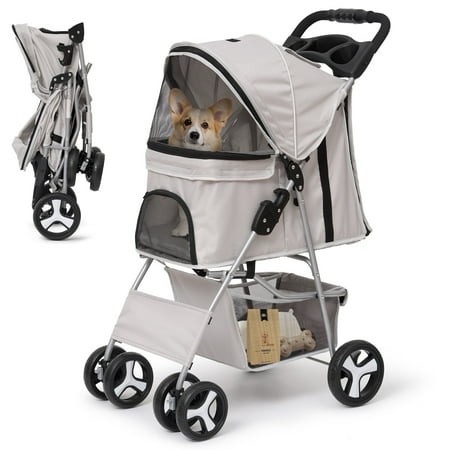 Naipo Pet Dog Stroller for Small Dogs and Cats One-Click Folding 4-Wheel Pet Stroller with Storage Basket/Cup Holder for Travel/Jogging Gray