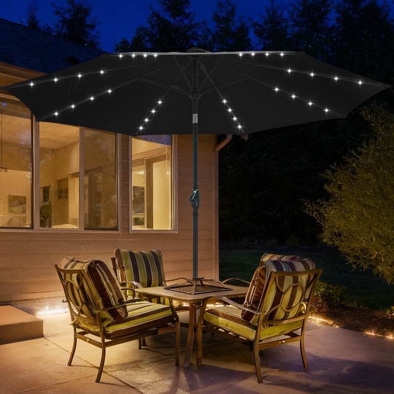 Autlaycil 10 FT Patio Umbrella with Steel Tilt and Crank, Includes 32 Solar LED Lights, Dark Black
