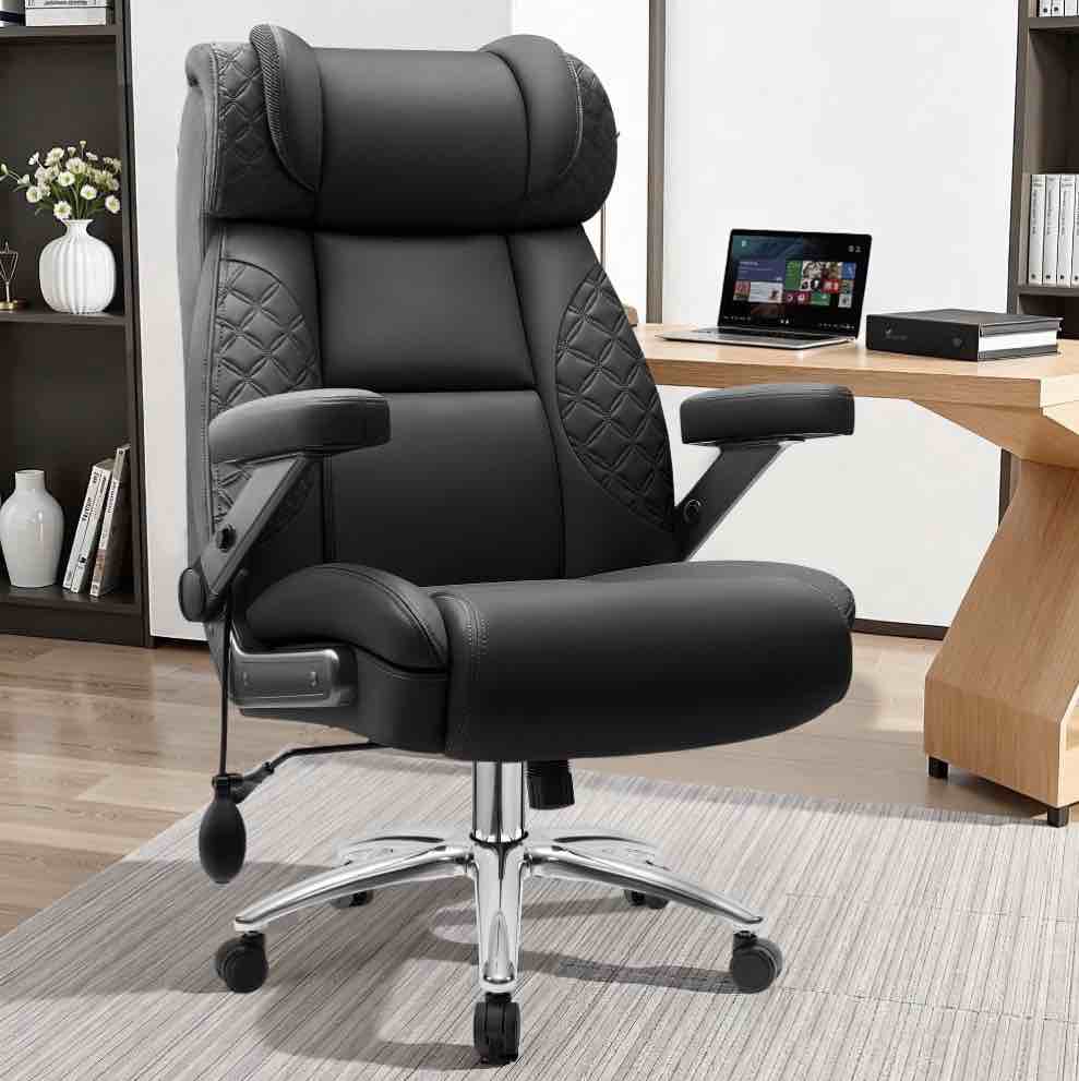 FASTES Leather Office Chair Big and Tall Desk Office Chair, 500lbs Computer Chair Ergonomic Extra Wide Gaming Chair with Adjustable Lumbar Support 5D Flip Arms, Black