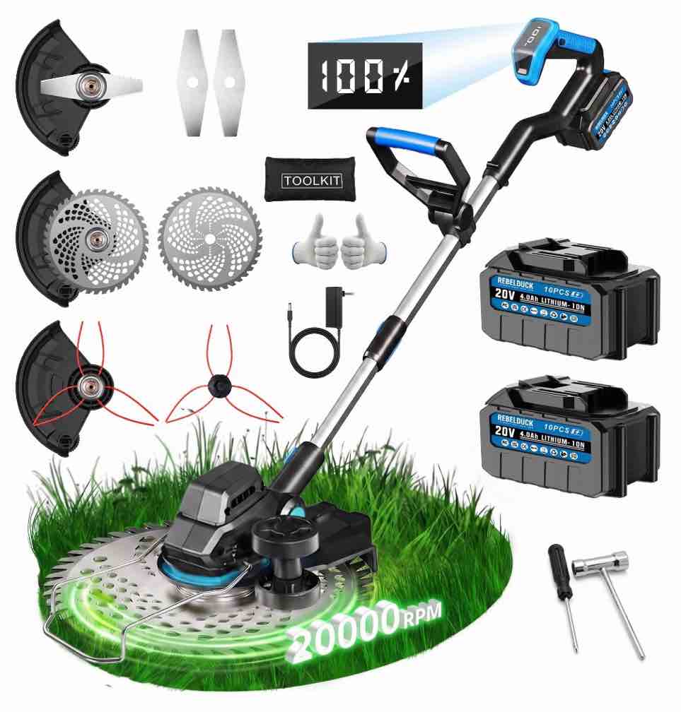 Cordless Electric Weed Wacker with 2 × 4.0Ah Batteries, Brushless Weed Eater, 3-in-1 Grass Trimmer & Lawn Mower, Multi-Functional Garden Tool