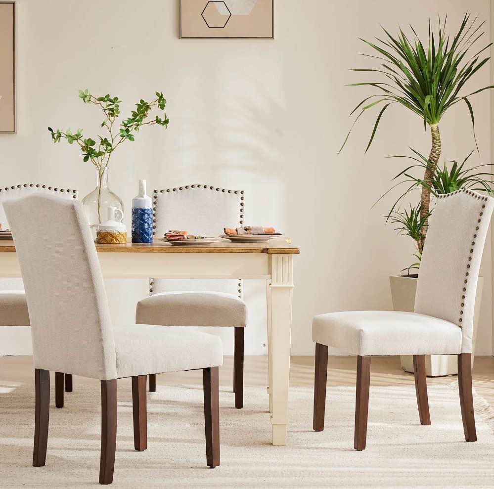CONCETTA 2 Nailhead Trim Parsons Chairs, Wood Legs, Linen Upholstery, Elegant Chair Set, Beige