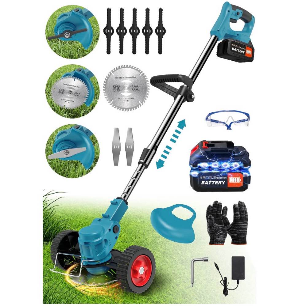 TNTANTS Weed Wacker Cordless, 3-in-1 Lightweight Electric String Trimmer with 3 Types of Blades, Wheels, 24V Battery, Weed Eater Grass Trimmer/Edger/Brush Cutter for Lawn Yard Garden (Blue)