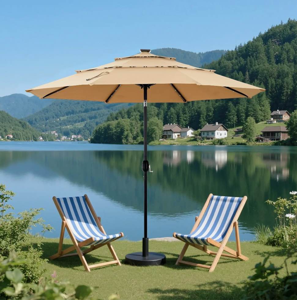 edx 10ft 3-Tier Solar LED Patio Umbrella with Tilt Adjustment and UV-Resistant Polyester Fabric, Outdoor Market Umbrella, Khaki