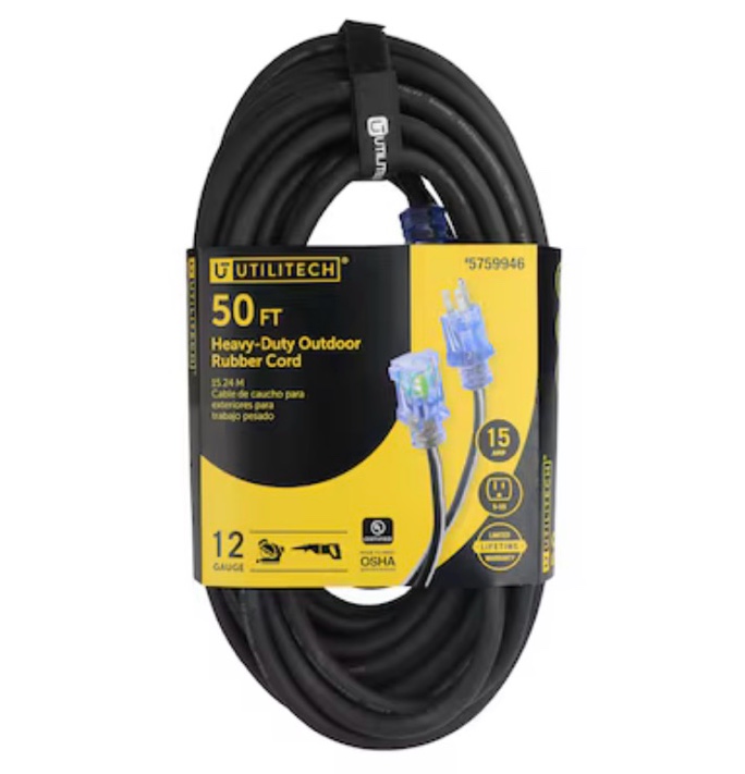 Utilitech 50-ft 12 / 3 Heavy Duty 3 Prong Black Outdoor Extension Power Cord