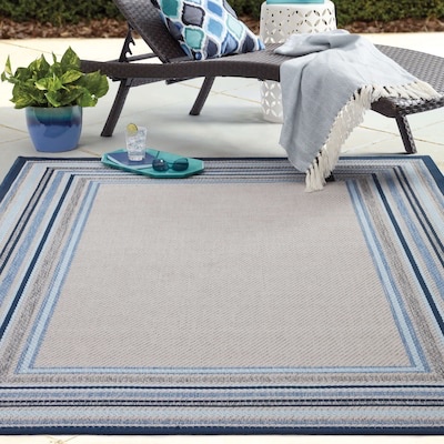 allen + roth with STAINMASTER Blue Border 10 x 13 (ft) Loomed Polypropylene Blue Rectangular Outdoor Border Hose Washable Pet Friendly Area rug Item #1448697 | Model #91363 E303 096120