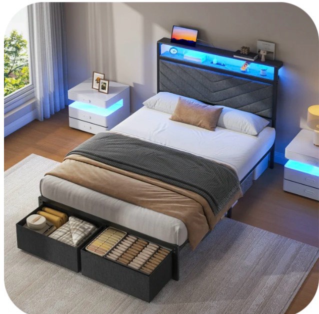 Fluest Twin Bed Frame with 2-Tier Storage Headboard, USB Port and LED Light, 2 Storage Drawers, Gray