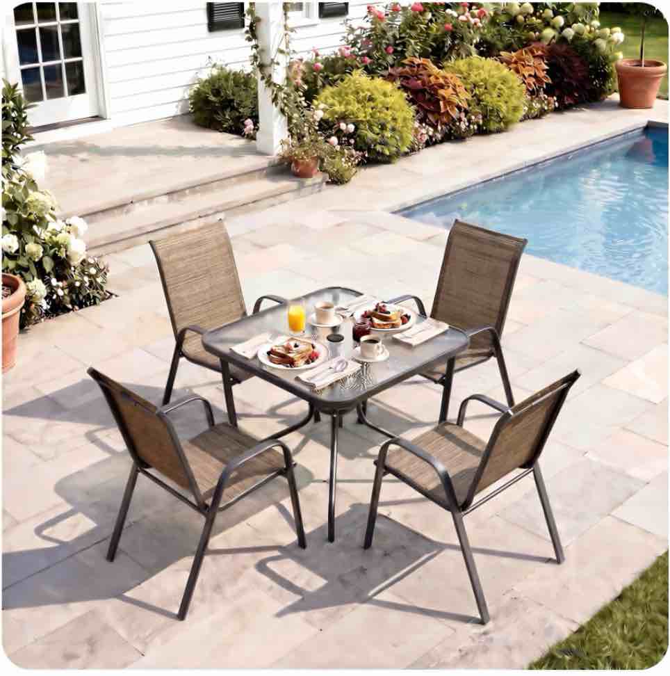 Pirecart Patio Dining Table and Chairs Set  Outdoor Dining Table with 4 Stackable Textilene Chairs for Patio  Lawn  Garden (Umbrella Not Included)