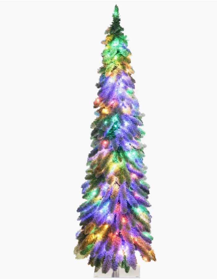 HOMCOM 5' Artificial Slim Christmas Trees, with Snow Frosted Branches, Warm White or Colorful LED Lights, Downswept Shape