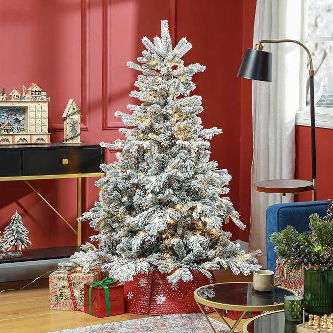 HOMCOM 5ft Prelit Snow Flocked Artificial Christmas Tree with Warm White LED Light and 931 Tips, Metal Base, Hinged Realistic Xmas Tree