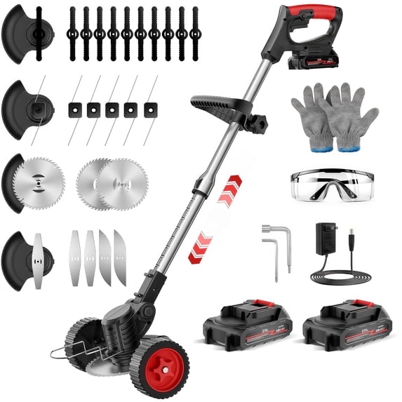 Teblint 650W Electric Weed Wacker, Wireless Cord Trimmer, Lawn Cutter/Spatula/Lawn Cutter with Wheels, 2 Pcs 21V Batteries, 5 Types of Blades, Adjustable Length for Lawn Patio Garden (Red)