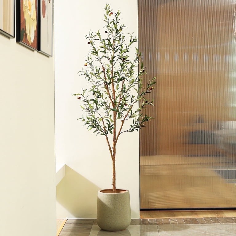DR.Planzen 6 Ft Artificial Olive Tree for Interiors, Fake Tall Olive Tree, Artificial Plants with Natural Wood Trunk and Realistic Fruits for Home and Office Decoration