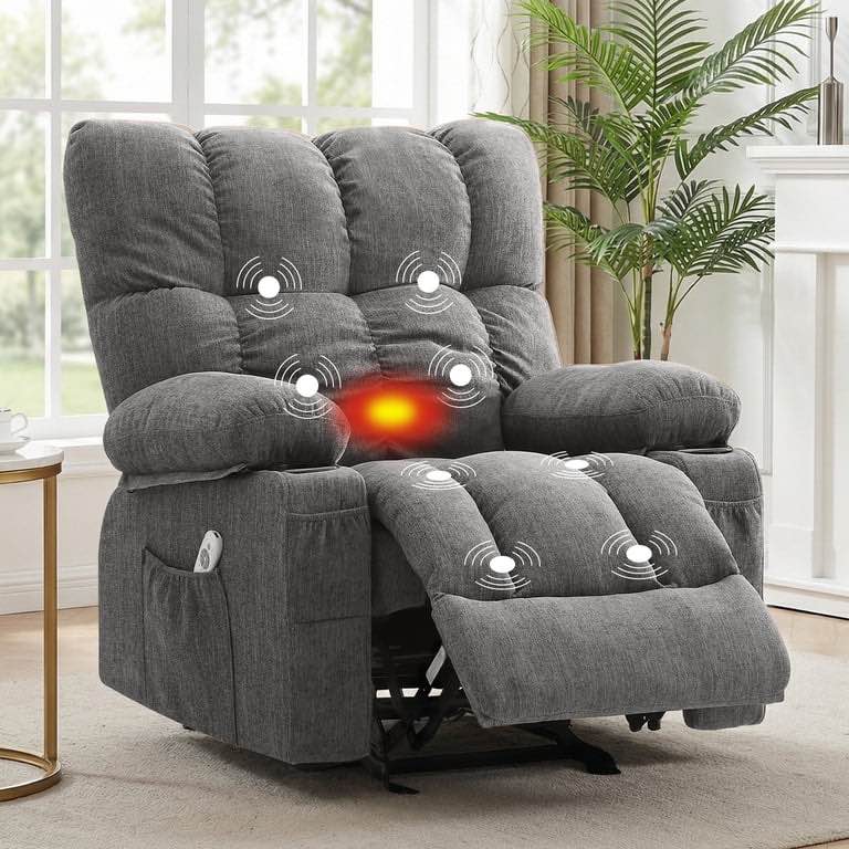 JONPONY Manual Recliner with Heat Therapy and Massage Function, High Strength Reclining Mechanism Massage Chair, Individual Rocking Sofa for the Elderly with Cusholder for Bedroom Home Theater, Gray