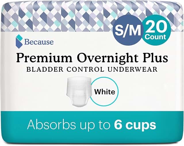 Because Premium Overnight Plus Incontinence Underwear - White  S/M  20 Ct