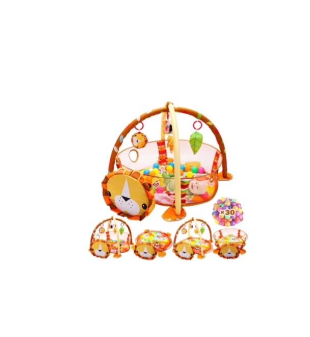 JoyStone 4 in 1 Lion Baby Play Gym Activity Mat with 30 Balls, 4 Detachable Sound Toys, Baby Sensory Mat for for Toddler Infant 0-12 Months, Newborn Gift for Boys and Girls, Yellow