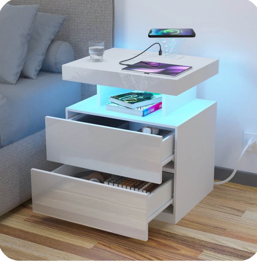 Hommpa LED Nightstand with Wireless Charging Station Modern Nightstand Type C USB Port 2 Drawers Bedside Table White Smart Night Table High Gloss End Side Table for Bedroom Furniture 22.3" Tall