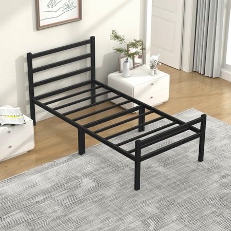 Mr IRONSTONE Heavy Duty Twin Size Metal Platform Bed Frame with Headboard and Footboard, No Box Spring Needed, Adult Kids Twin Size Bed with 14 inch Under Bed Storage Space, Black