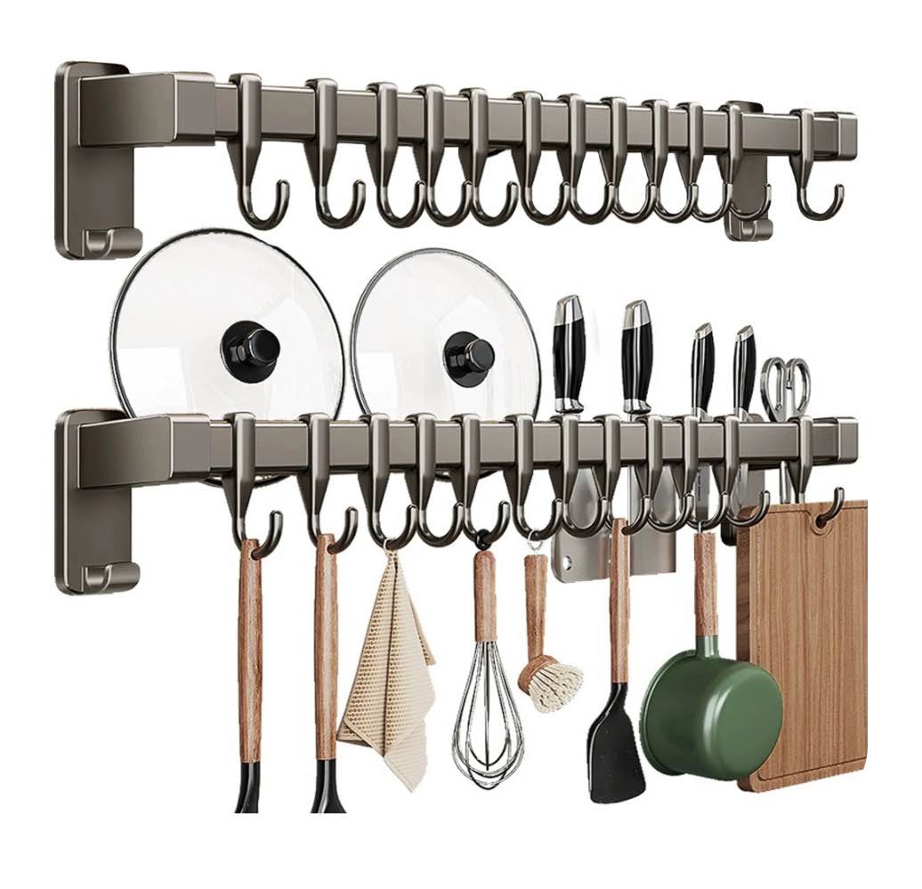 2 packs Kitchen Utensil Rack Organizer Wall Mounted, Kitchen Wall Mounted Pan Lid Utensils Organizer Hanging Rail with 12 Hooks, Storage Rack for Hanging Cooking Utensils, Mugs, Spoons, Gun Gray