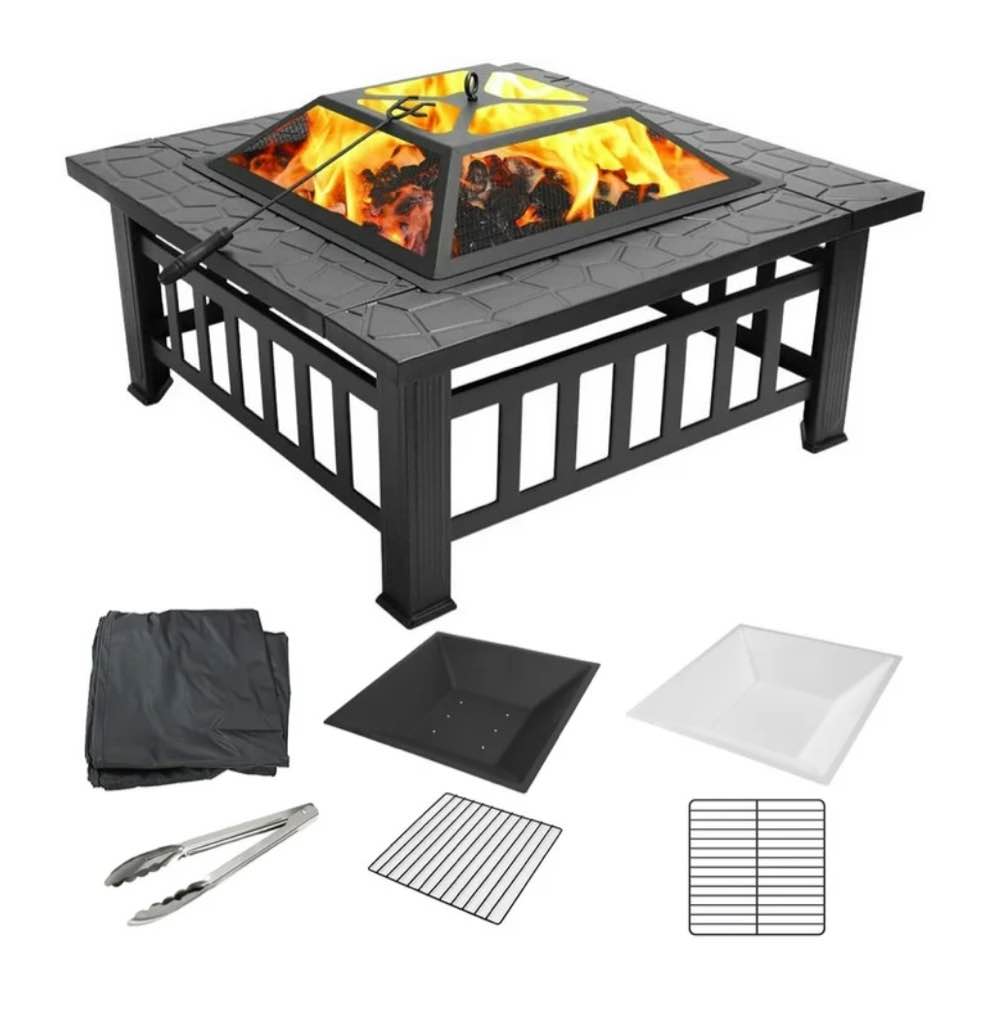 Fire Pits for Outside, 32" Wood Burning Fire Pit Tables with Screen Lid, Poker, BBQ Net, Ice Tray, Food Clip and Cover, Backyard Patio Garden Outdoor Fire Pit/Ice Pit/BBQ Fire Pit, Black