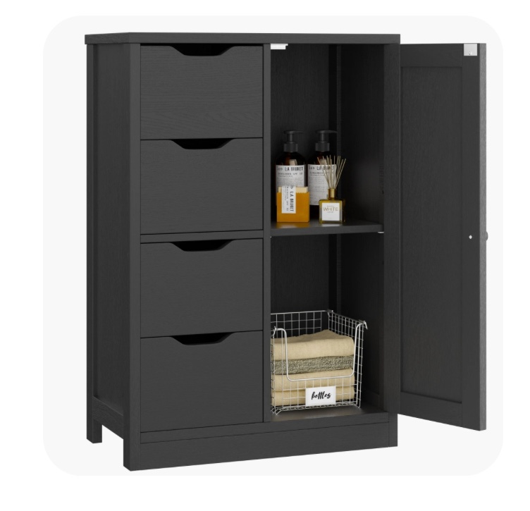 Walsunny Bathroom Floor Storage Cabinet, Wooden Storage Organizer with 4 Drawers and 1 Door, Freestanding Pantry Cabinet with Adjustable Shelves for Bathroom, Living Room, Kitchen, Entryway, Black