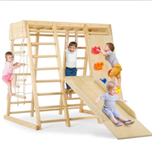 7-in-1 Indoor Playground Jungle Gym, Easoger Montessori Waldorf Style Wooden Climber Playset Slide, Rock Climbing Wall, Rope Wall Climber, Monkey Bars, Swing for Toddlers, Children Kids