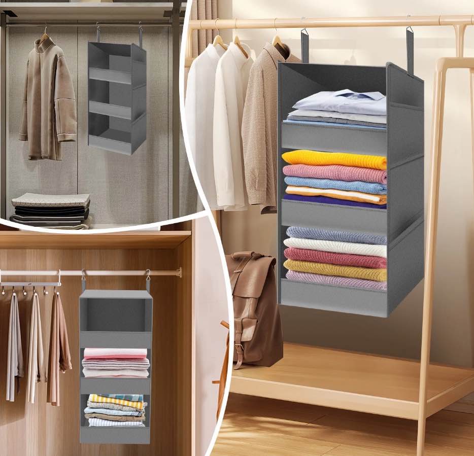 3-Shelf Hanging Closet Organizer and Storage, Collapsible Hanging Closet Shelves, Hanging Organizer for Closet & RV, Gray, 29 ½" H X 12" W X 12" D