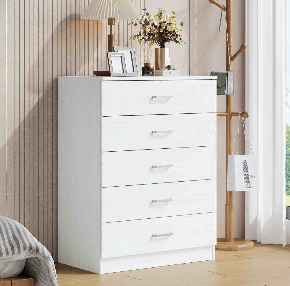 UHOMEPRO White 5 Drawer Dresser, Chest of Drawers for Bedroom, Modern Storage Cabinet Dresser Organizer Unit with Handle for Living Room, Closet, Hallway